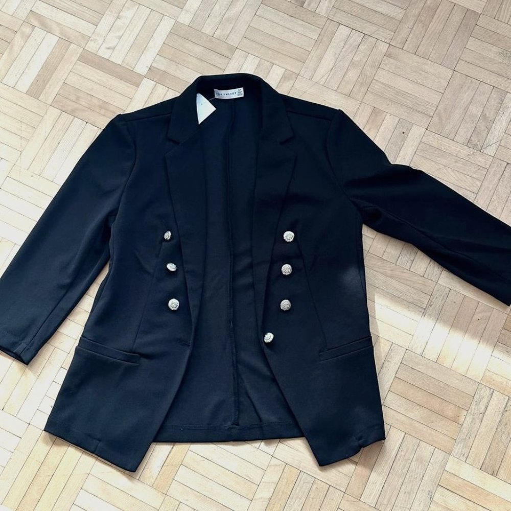 Retrology Open Front Lapel Black Blazer with Silver Buttons- Small